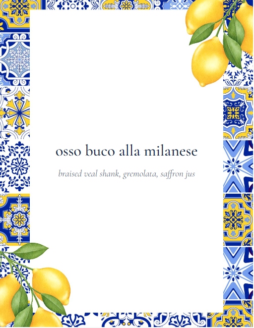 Osso Buco label in a Mediterranean tile theme