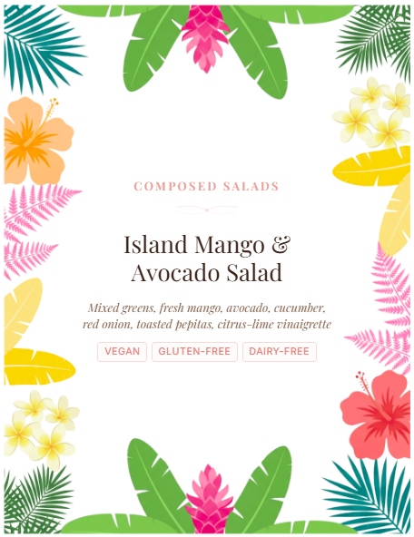 Island Mango & Avocado Salad label in a botanical theme
